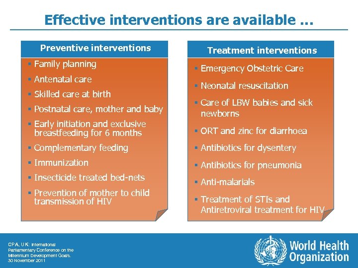 Effective interventions are available … Preventive interventions § Family planning § Antenatal care §