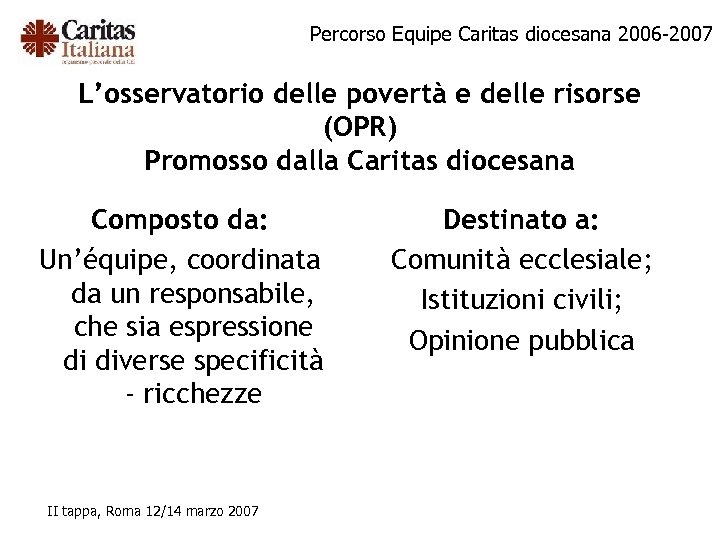 Percorso Equipe Caritas diocesana 2006 -2007 L’osservatorio delle povertà e delle risorse (OPR) Promosso