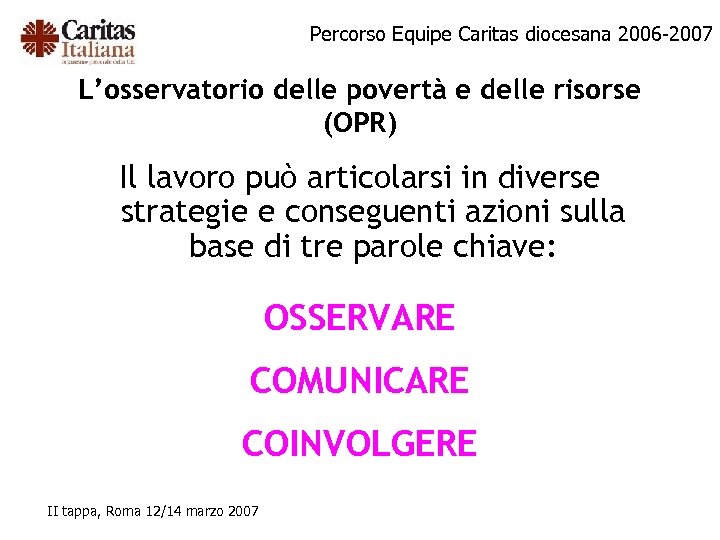 Percorso Equipe Caritas diocesana 2006 -2007 L’osservatorio delle povertà e delle risorse (OPR) Il
