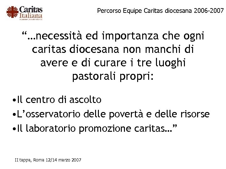 Percorso Equipe Caritas diocesana 2006 -2007 “…necessità ed importanza che ogni caritas diocesana non