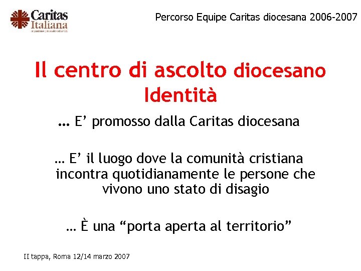 Percorso Equipe Caritas diocesana 2006 -2007 Il centro di ascolto diocesano Identità … E’