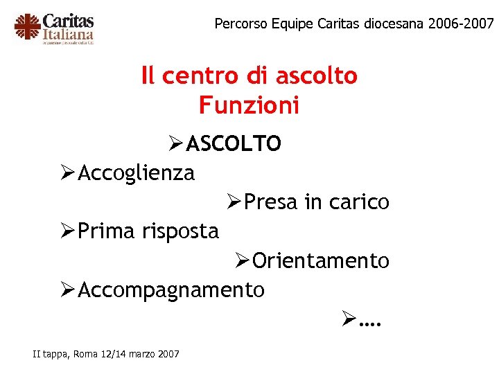 Percorso Equipe Caritas diocesana 2006 -2007 Il centro di ascolto Funzioni Ø ASCOLTO Ø
