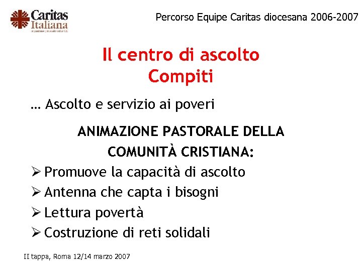 Percorso Equipe Caritas diocesana 2006 -2007 Il centro di ascolto Compiti … Ascolto e