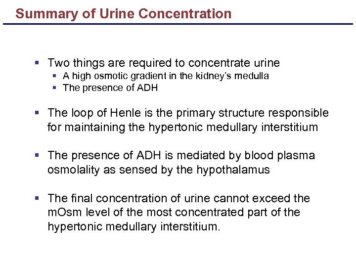Summary of Urine Concentration § Two things are required to concentrate urine § A
