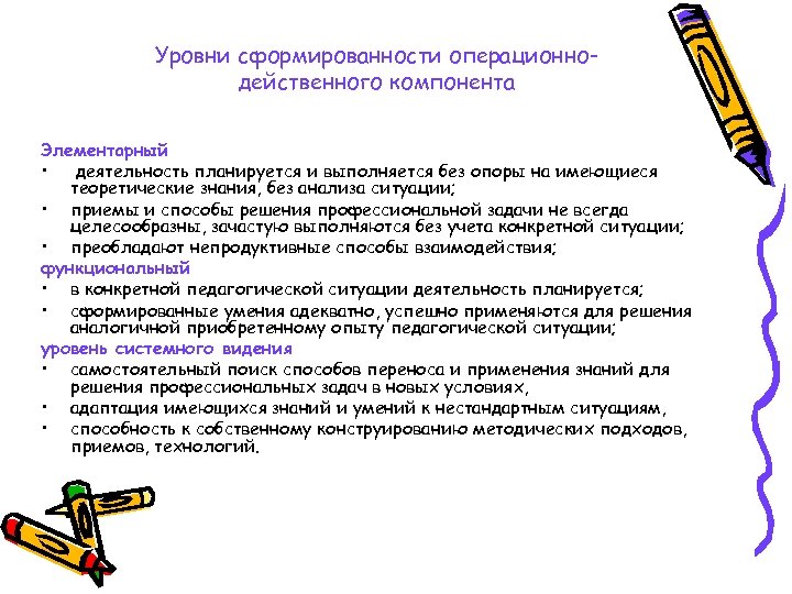 Уровни сформированности операционнодейственного компонента Элементарный • деятельность планируется и выполняется без опоры на имеющиеся