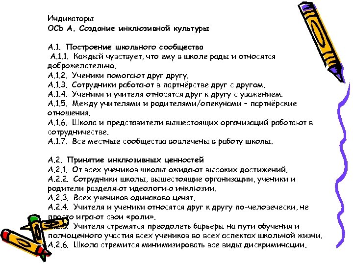 Индикаторы ОСЬ А. Создание инклюзивной культуры А. 1. Построение школьного сообщества А. 1. 1.