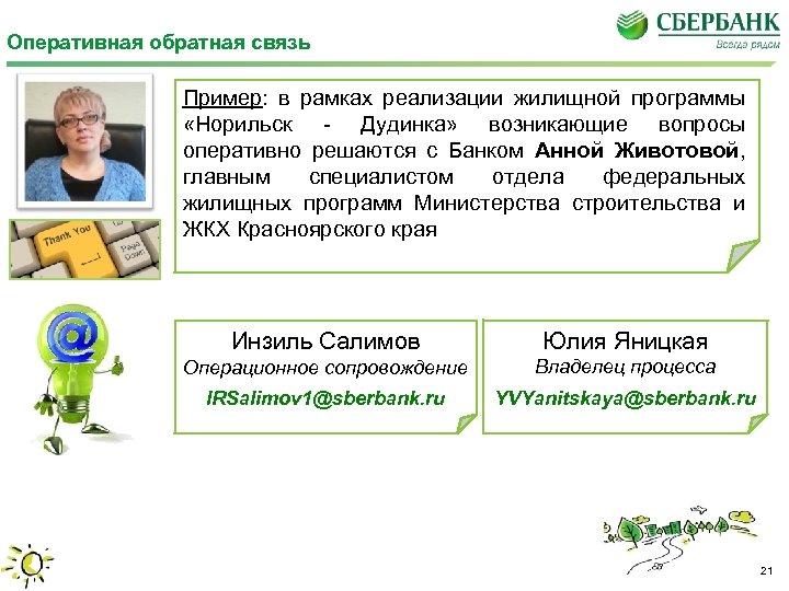 Оперативная обратная связь Пример: в рамках реализации жилищной программы «Норильск - Дудинка» возникающие вопросы