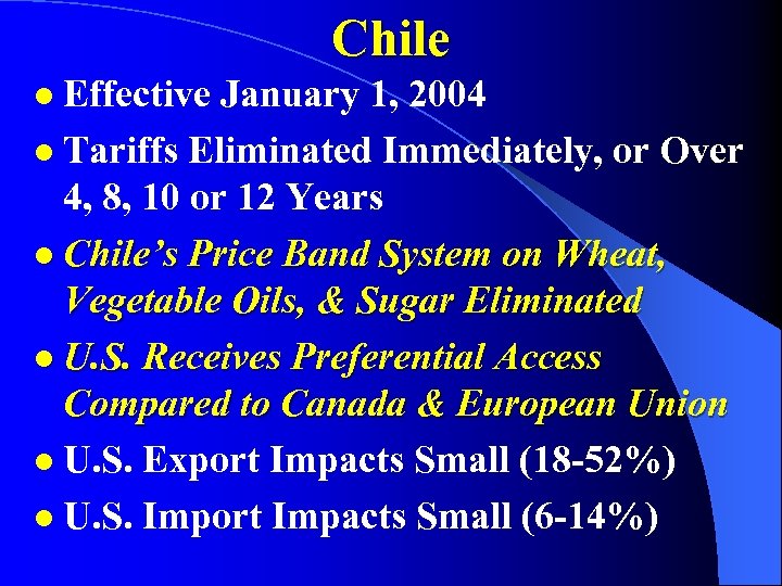 Chile Effective January 1, 2004 l Tariffs Eliminated Immediately, or Over 4, 8, 10
