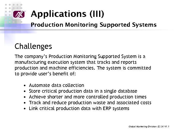 Applications (III) Production Monitoring Supported Systems Challenges The company’s Production Monitoring Supported System is