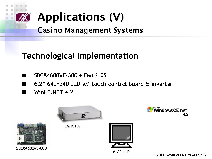 Applications (V) Casino Management Systems Technological Implementation n SBC 84600 VE-800 + EM 1610