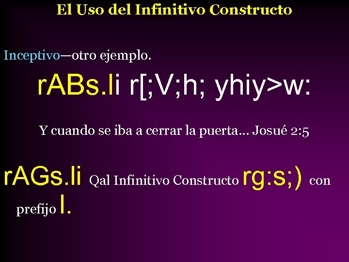 El Uso del Infinitivo Constructo Inceptivo—otro ejemplo. r. ABs. li r[; V; h; yhiy>w: