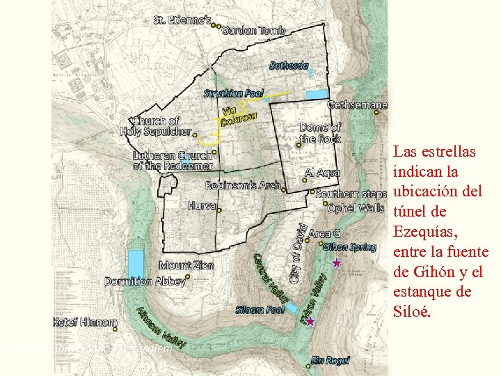 Las estrellas indican la ubicación del túnel de Ezequías, entre la fuente de Gihón