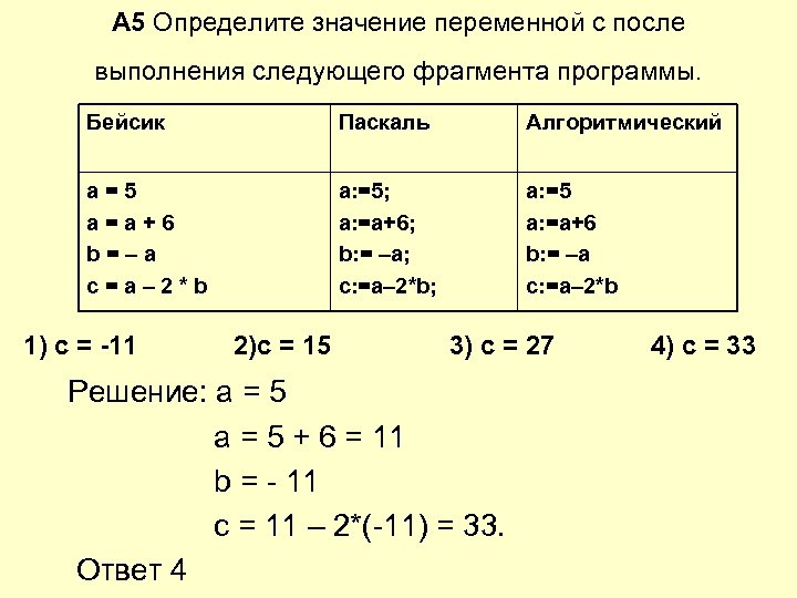 Определите значения переменных после фрагмента программы