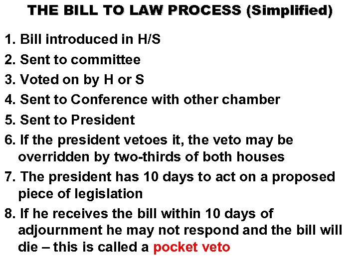 THE BILL TO LAW PROCESS (Simplified) 1. Bill introduced in H/S 2. Sent to