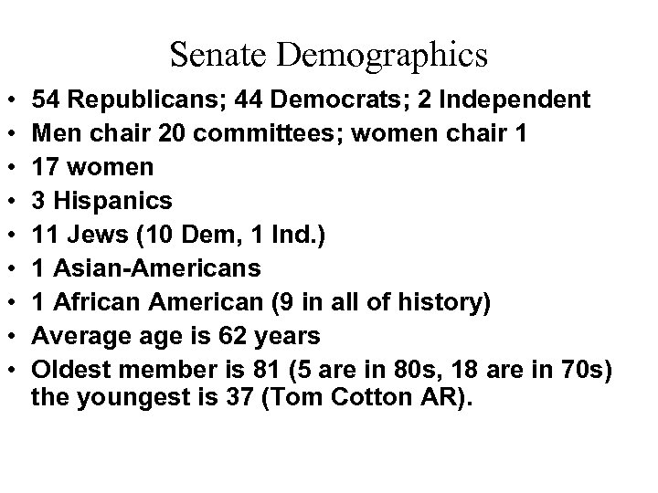 Senate Demographics • • • 54 Republicans; 44 Democrats; 2 Independent Men chair 20