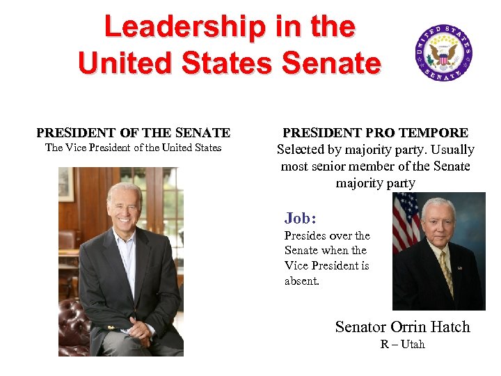 Leadership in the United States Senate PRESIDENT OF THE SENATE The Vice President of