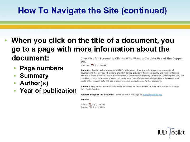 How To Navigate the Site (continued) • When you click on the title of