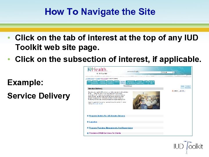 How To Navigate the Site • Click on the tab of interest at the