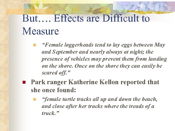 But…. Effects are Difficult to Measure n n “Female loggerheads tend to lay eggs