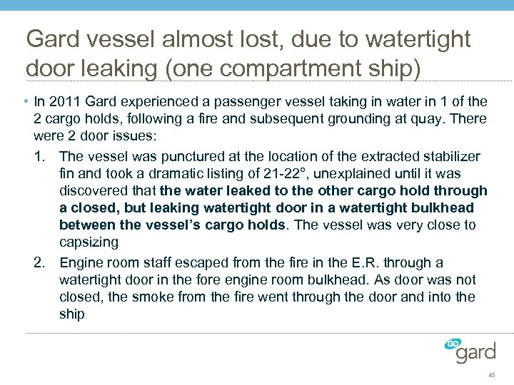 Gard vessel almost lost, due to watertight door leaking (one compartment ship) • In
