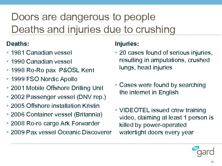 Doors are dangerous to people Deaths and injuries due to crushing Deaths: • 1981
