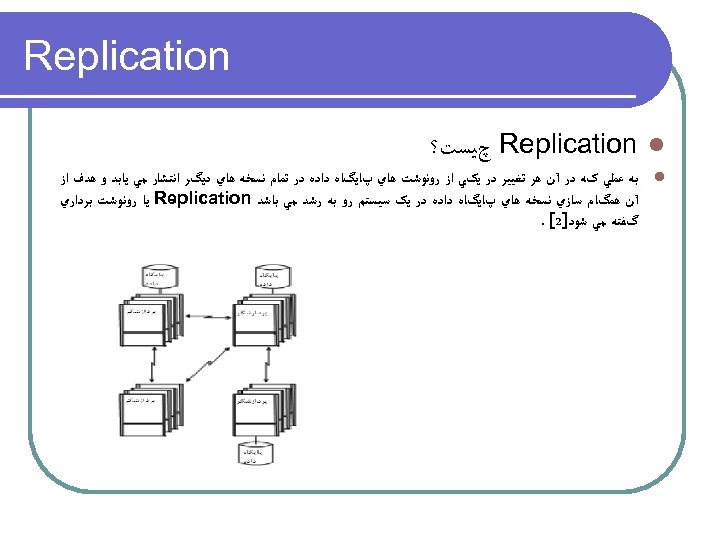  Replication l چﻴﺴﺖ؟ l ﺑﻪ ﻋﻤﻠﻲ کﻪ ﺩﺭ آﻦ ﻫﺮ ﺗﻐﻴﻴﺮ ﺩﺭ ﻳکﻲ