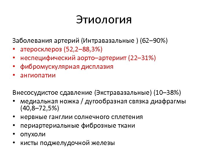 Этиология Заболевания артерий (Интравазальные ) (62– 90%) • атеросклероз (52, 2– 88, 3%) •