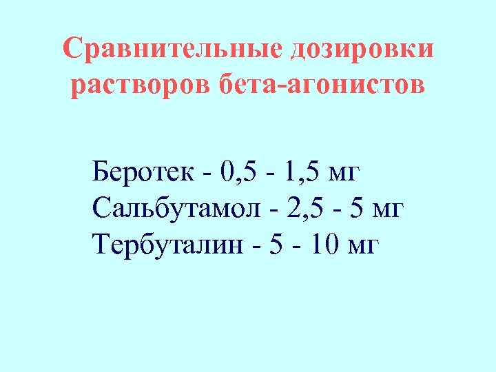 Сравнительные дозировки растворов бета-агонистов Беротек - 0, 5 - 1, 5 мг Сальбутамол -
