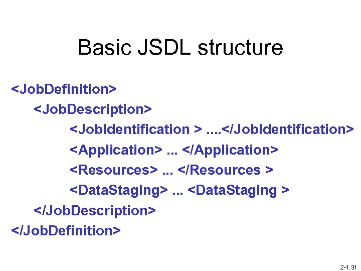 Basic JSDL structure <Job. Definition> <Job. Description> <Job. Identification >. . </Job. Identification> <Application>.