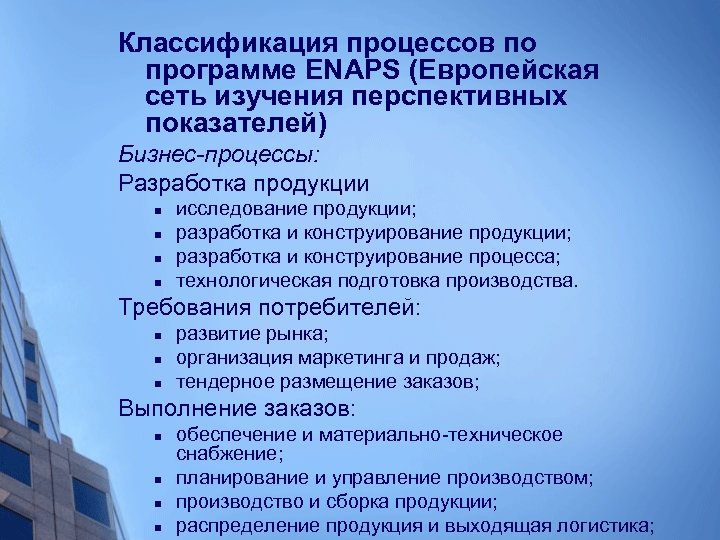 Классификация процессов по программе ENAPS (Европейская сеть изучения перспективных показателей) Бизнес-процессы: Разработка продукции n