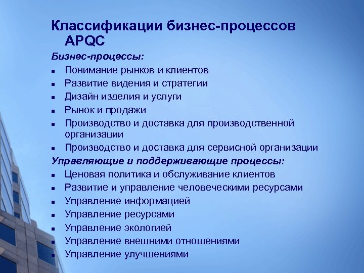 Классификации бизнес-процессов APQC Бизнес-процессы: n Понимание рынков и клиентов n Развитие видения и стратегии