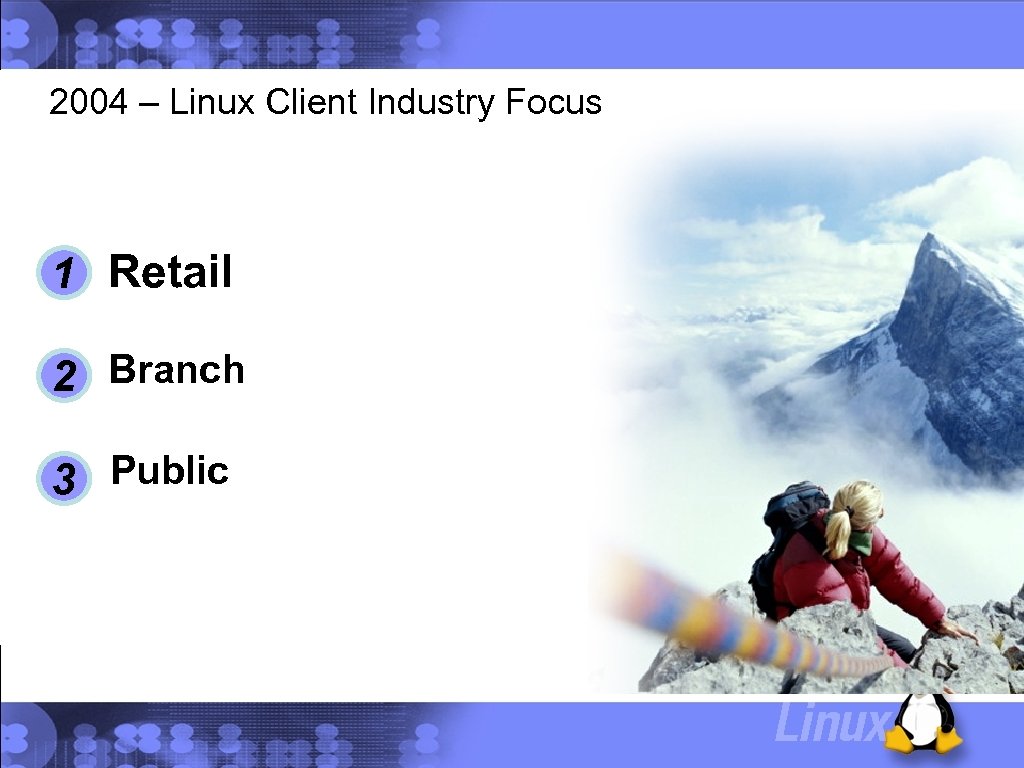 2004 – Linux Client Industry Focus 1 Retail 2 Branch Banking 3 Public Sector