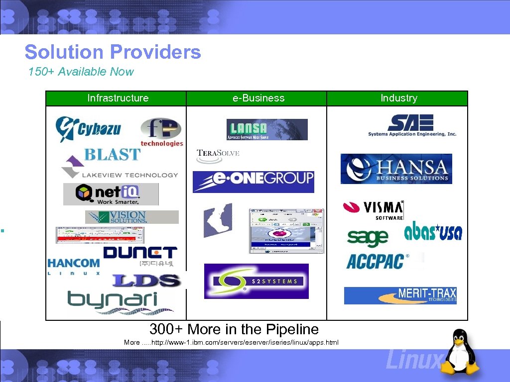 Solution Providers 150+ Available Now Infrastructure e-Business 300+ More in the Pipeline More. .