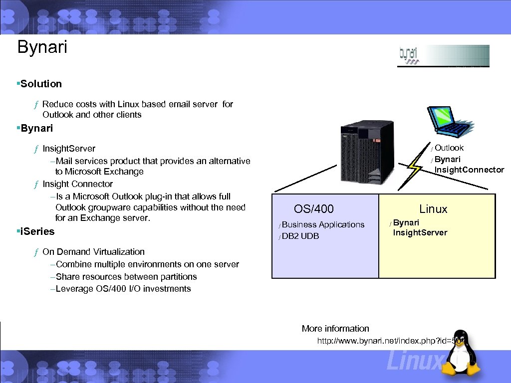 Bynari Solution ƒ Reduce costs with Linux based email server for Outlook and other