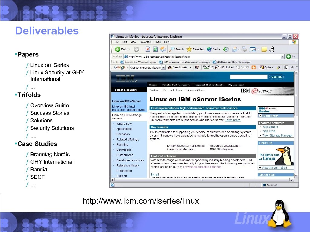 Deliverables Papers ƒ Linux on i. Series ƒ Linux Security at GHY International ƒ.