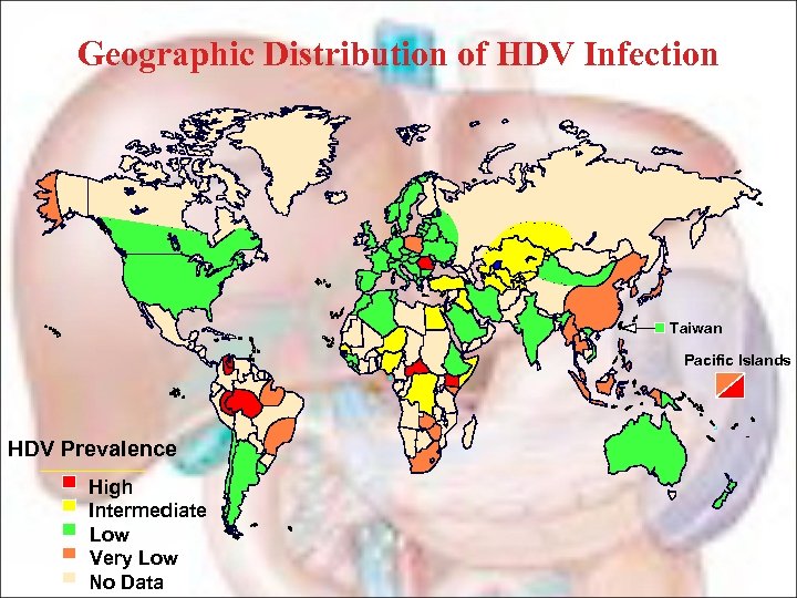 Geographic Distribution of HDV Infection Taiwan Pacific Islands HDV Prevalence High Intermediate Low Very
