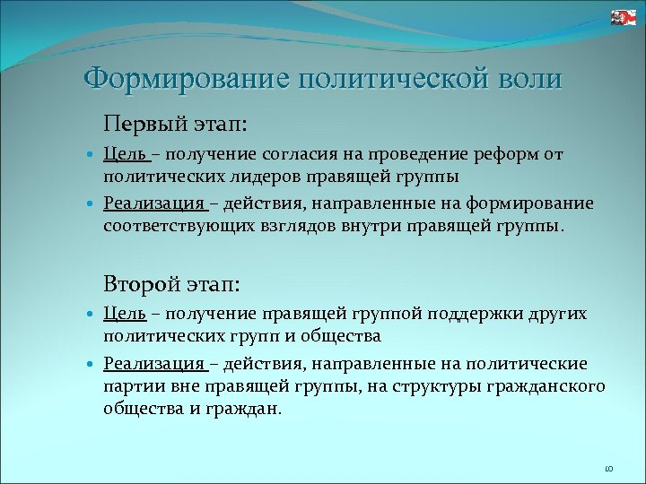 Формирование политической воли Первый этап: Цель – получение согласия на проведение реформ от политических