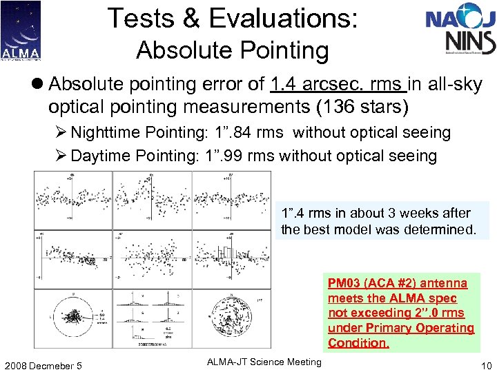 Tests & Evaluations: Absolute Pointing l Absolute pointing error of 1. 4 arcsec. rms