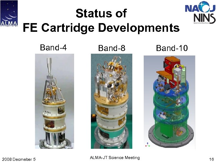 Status of FE Cartridge Developments Band-4 2008 Decmeber 5 Band-8 ALMA-JT Science Meeting Band-10