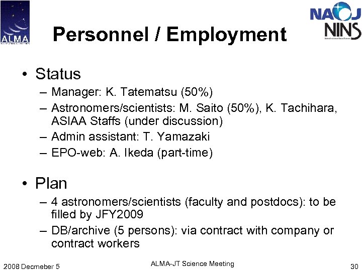 Personnel / Employment • Status – Manager: K. Tatematsu (50%) – Astronomers/scientists: M. Saito
