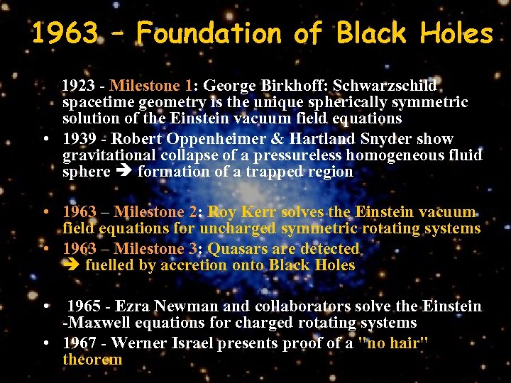 1963 – Foundation of Black Holes 1923 - Milestone 1: George Birkhoff: Schwarzschild spacetime