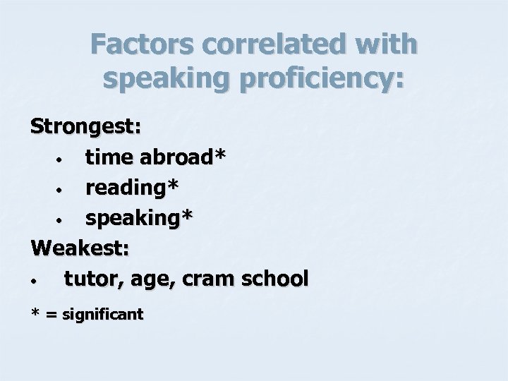 Factors correlated with speaking proficiency: Strongest: • time abroad* • reading* • speaking* Weakest: