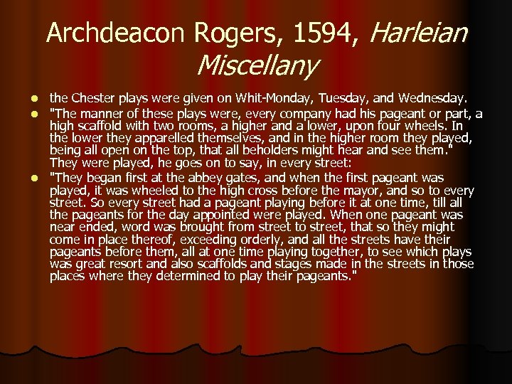 Archdeacon Rogers, 1594, Harleian Miscellany the Chester plays were given on Whit-Monday, Tuesday, and