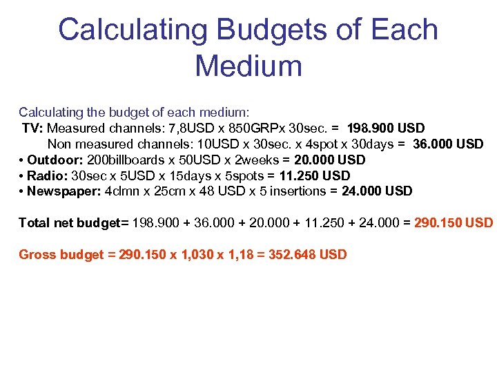 Calculating Budgets of Each Medium Calculating the budget of each medium: TV: Measured channels: