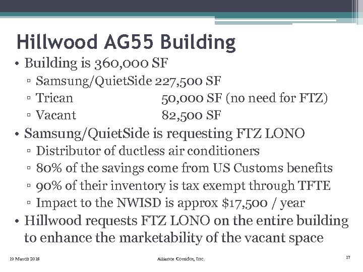 Hillwood AG 55 Building • Building is 360, 000 SF ▫ Samsung/Quiet. Side 227,