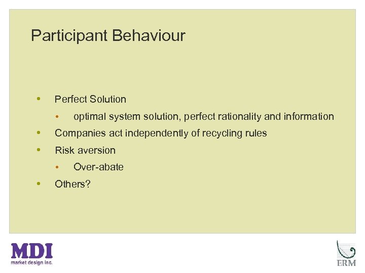 Participant Behaviour • Perfect Solution • • • Companies act independently of recycling rules