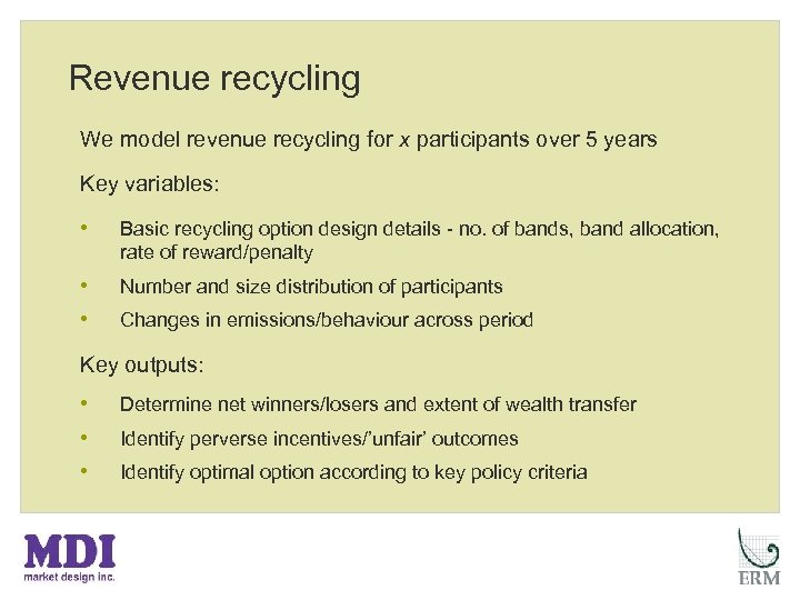 Revenue recycling We model revenue recycling for x participants over 5 years Key variables: