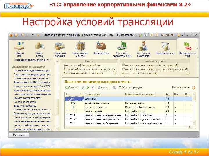  « 1 С: Управление корпоративными финансами 8. 2» Настройка условий трансляции Слайд 4