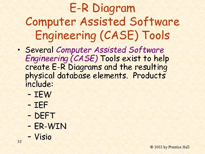 E-R Diagram Computer Assisted Software Engineering (CASE) Tools • Several Computer Assisted Software Engineering
