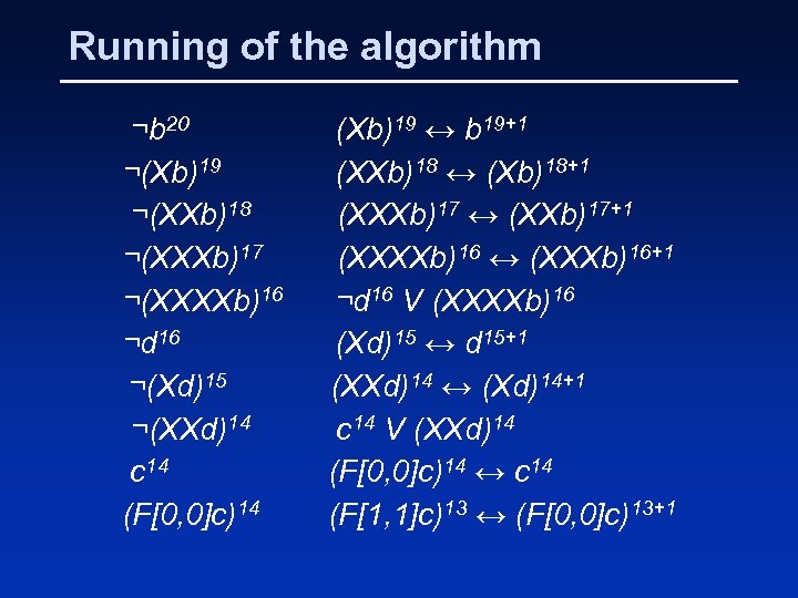 Running of the algorithm ¬b 20 ¬(Xb)19 ¬(XXb)18 ¬(XXXb)17 ¬(XXXXb)16 ¬d 16 ¬(Xd)15 ¬(XXd)14